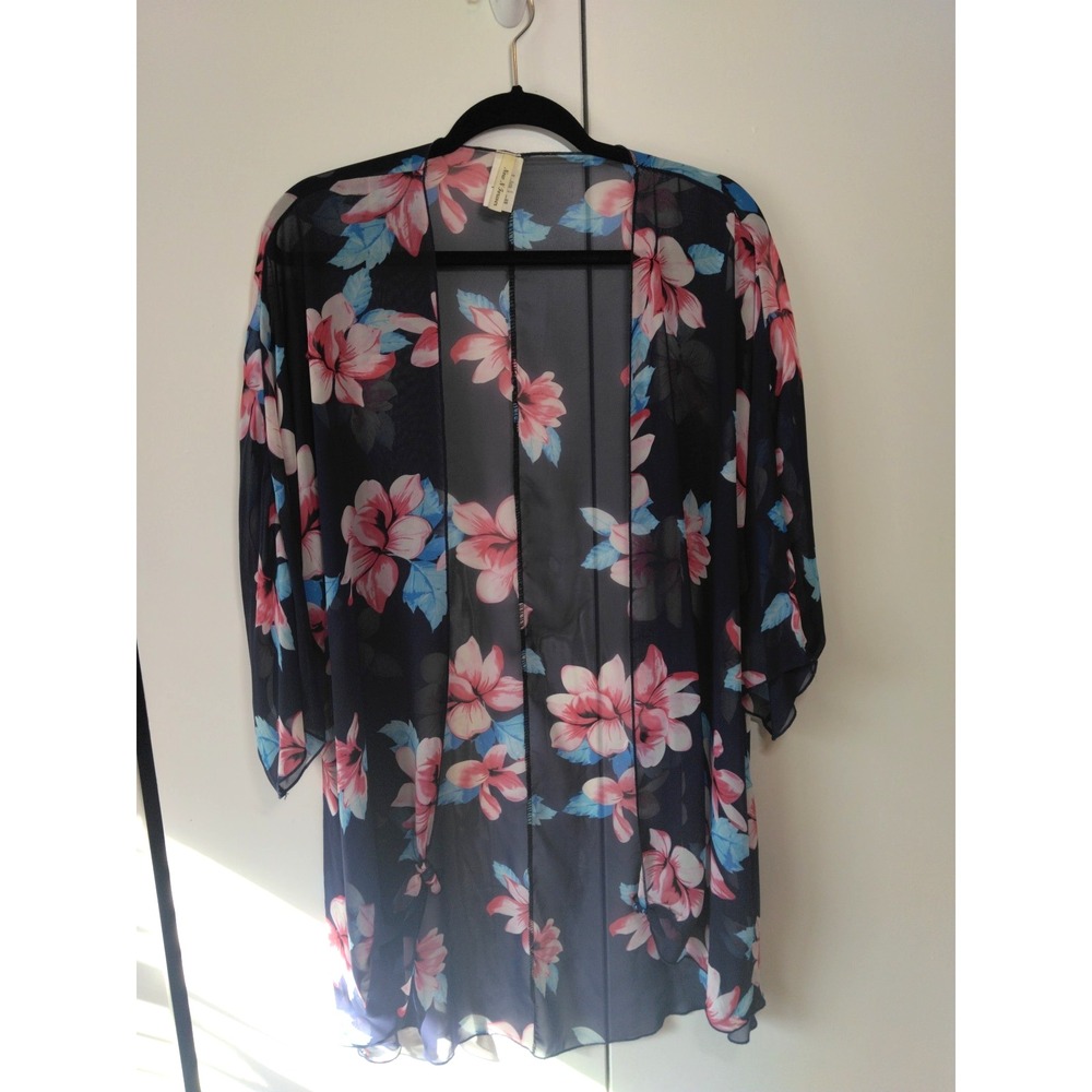 Womens Floral Kimono Duster Size S Navy Oversized Lightweight Elegant Statement